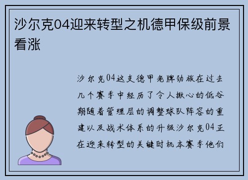 沙尔克04迎来转型之机德甲保级前景看涨