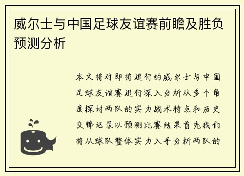 威尔士与中国足球友谊赛前瞻及胜负预测分析